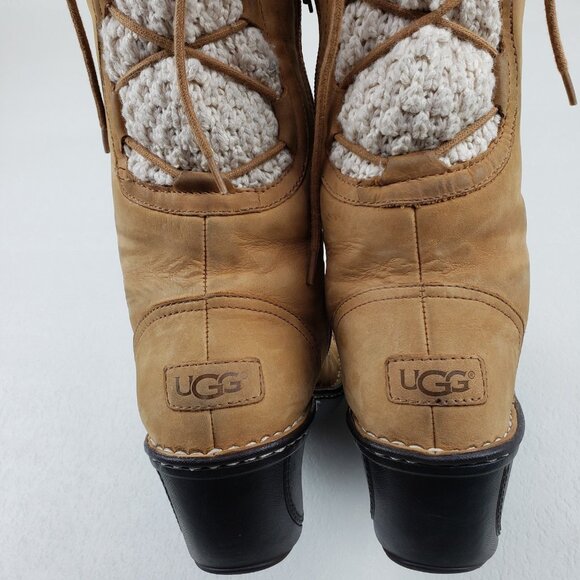 Ugg Skylair Knit Wedge Tall Boot Womens 9 Brown Leather Lace Up Side Zip Lined - Picture 11 of 16